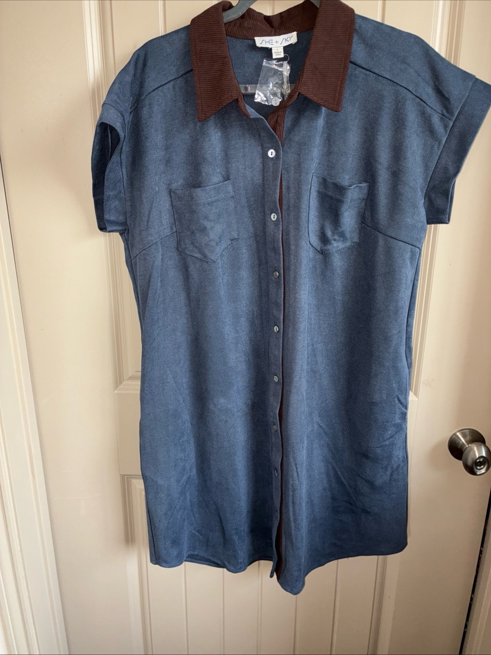 She + Sky Blue Midi Shirt Dress with Brown Trim